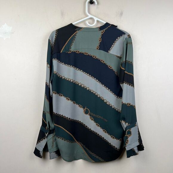 Ann Taylor blue and green chain print blouse with ruffles and buttons Size M - Picture 3 of 7